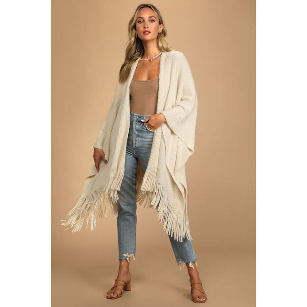 Lulu's Cream Fringe Open-Front Knit Cardigan